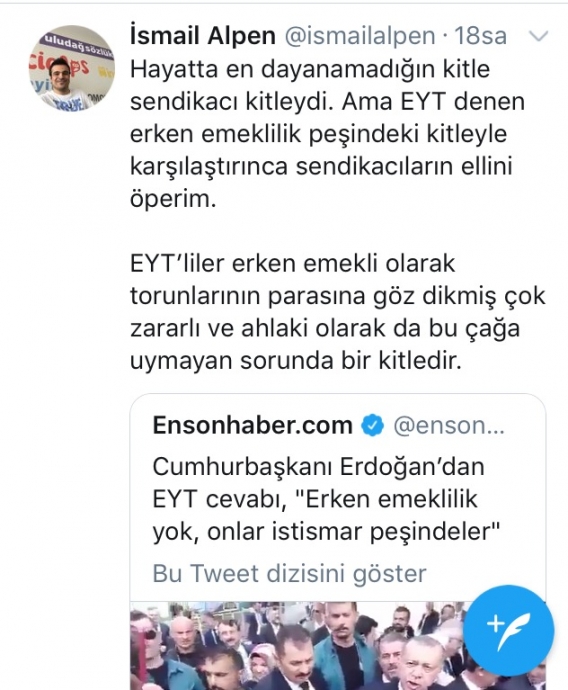 ismail alpen in eyt liler hakkında attığı tweet
