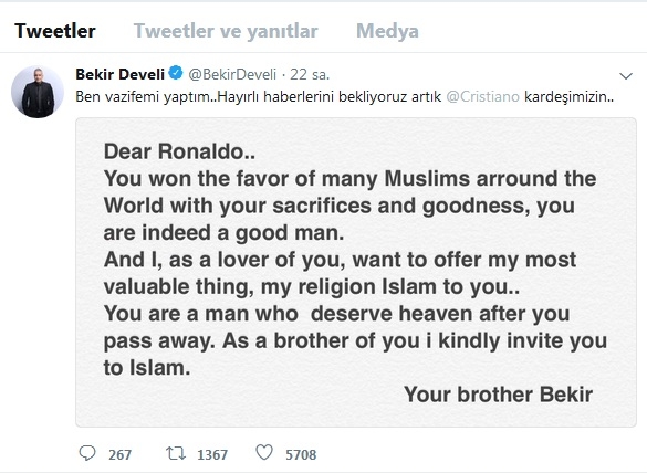bekir develi nin ronaldo yu islam a davet etmesi
