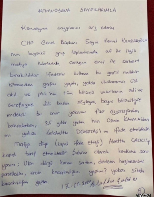 alaattin çakıcı nın kılıçdaroğlu nu tehdit etmesi