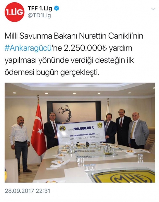 msb nin ankaragücü ne 2 250 000 lik yardım yapması
