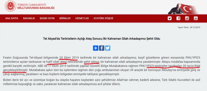 20 ekim 2019 ateşkes döneminde verdiğimiz şehit