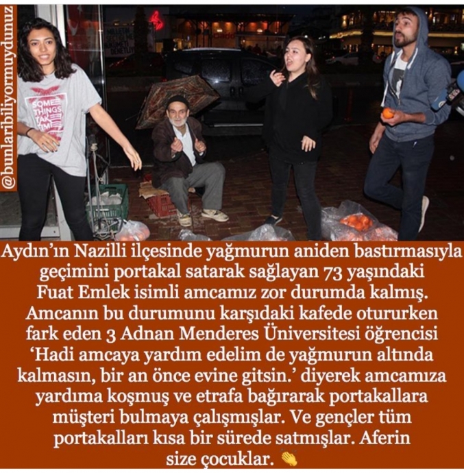 nazillide yaşlı amcanın portakallrını satan gençlr