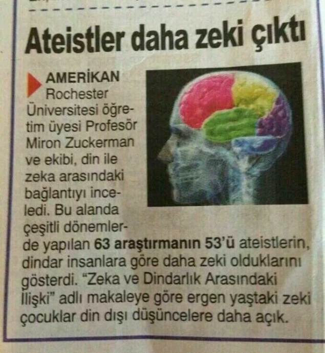 ateistler dindarlardan daha zeki çıktı