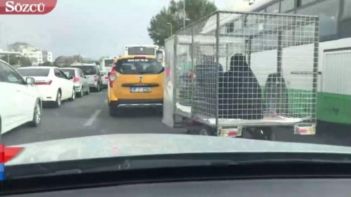 kayseri de kafes içinde kadın taşıyan motosikletli