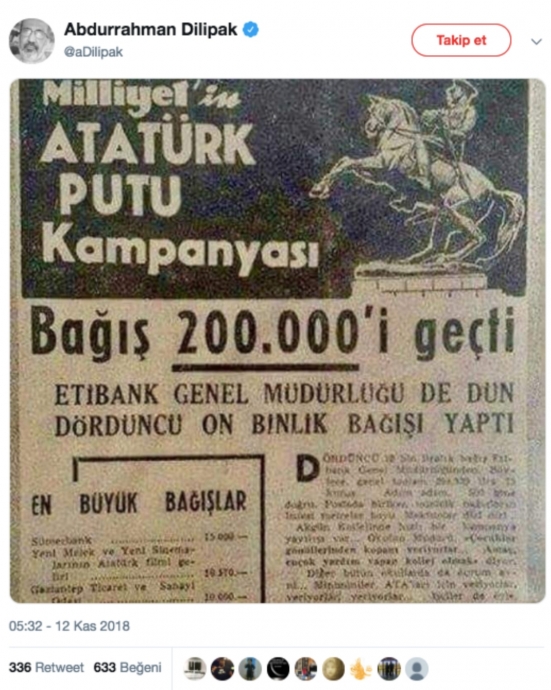 atatürk heykeli için yapılan yardım kampanyası