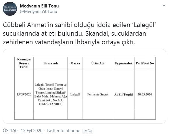 cübbeli ahmet in sucuğunda at eti çıkması