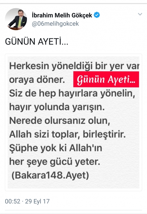 melih gökçek in bakara ayeti paylaşması