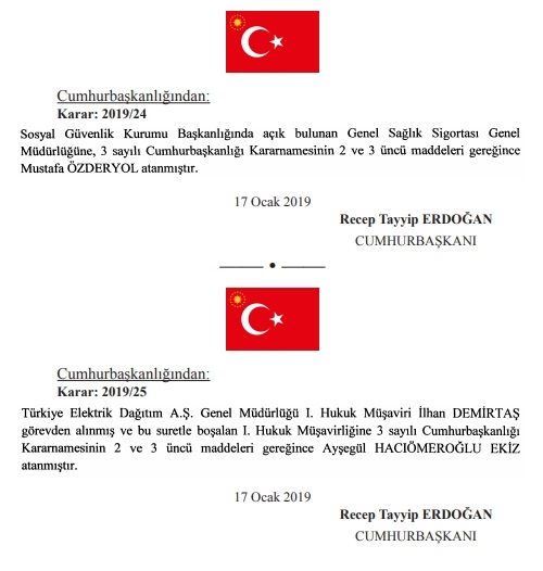 18 ocak 2019 cumhurbaşkanlığı atamaları