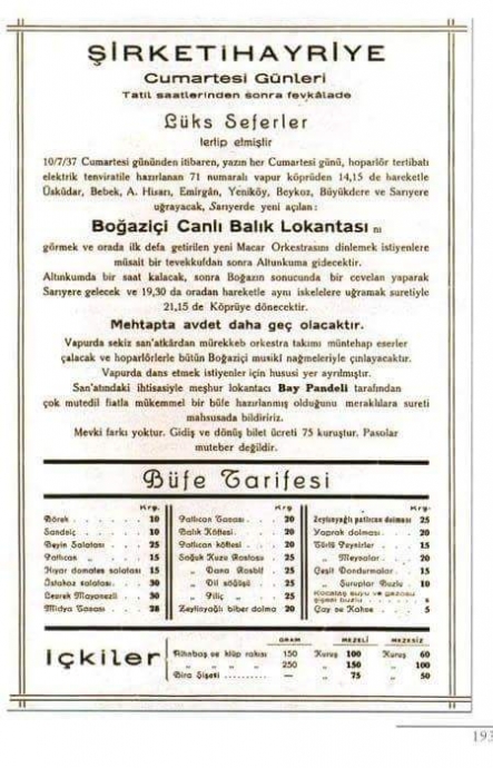 1937 yılı şirket i hayriye boğaz turu ilanı