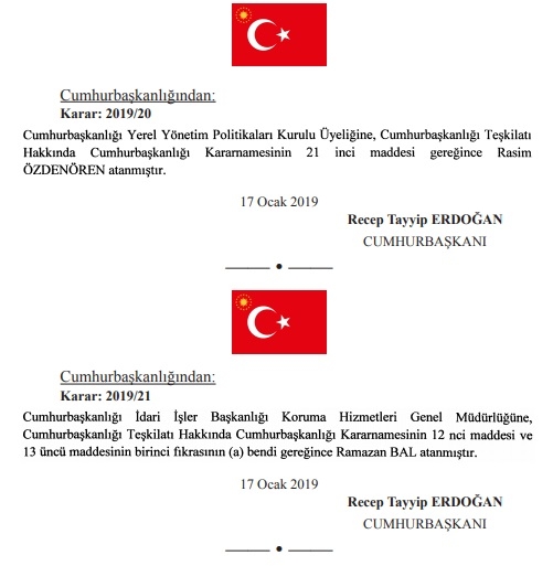 18 ocak 2019 cumhurbaşkanlığı atamaları