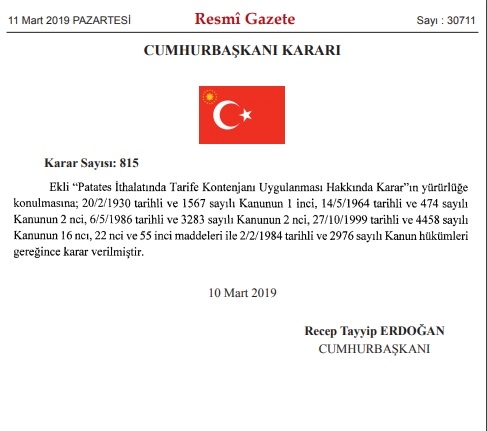 11 mart 2019 patates ithalatı kararnamesi