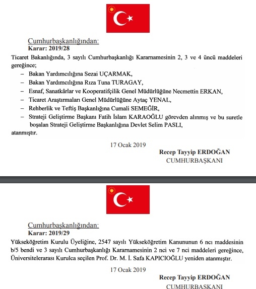 18 ocak 2019 cumhurbaşkanlığı atamaları