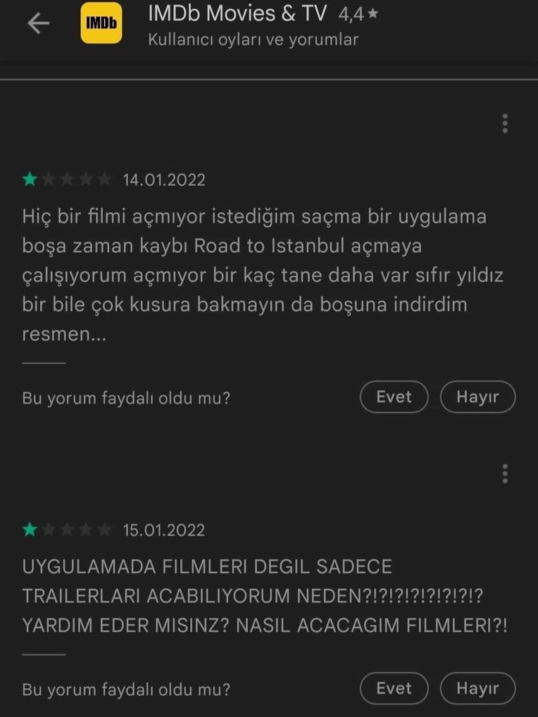 imdb uygulamasına türklerin yaptığı yorumlar